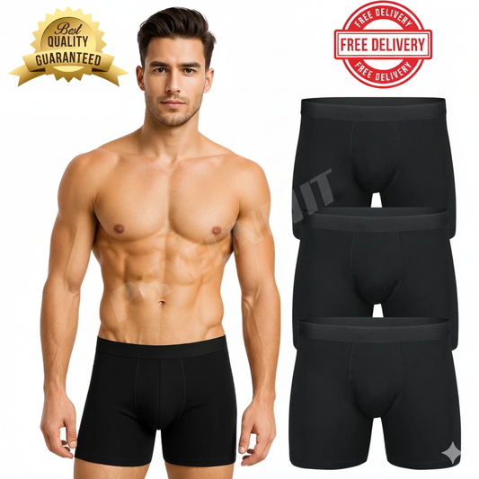 Black Plain Boxer Underwear for Men | Soft Cotton Stretch | Sizes S–2XL