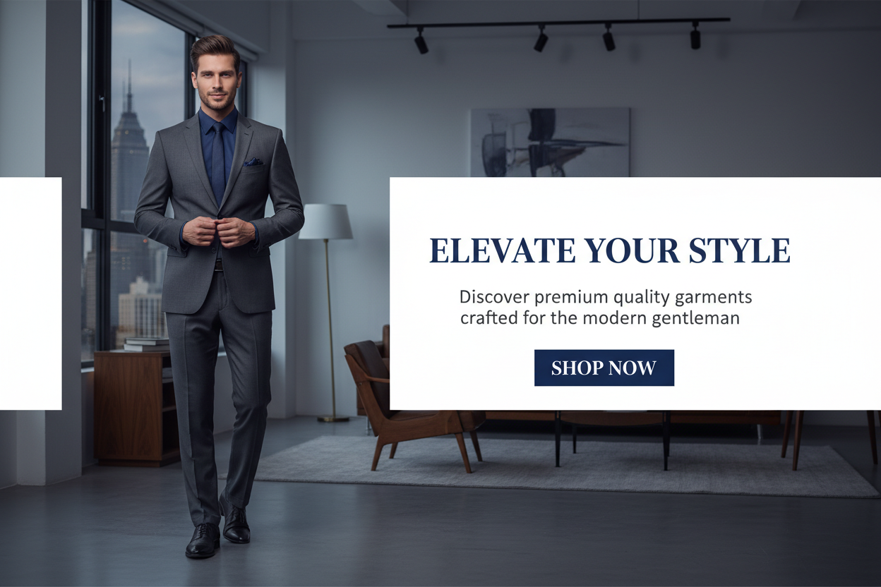 Generate me a nice banner for a men's garment that has a nice title description shop button.