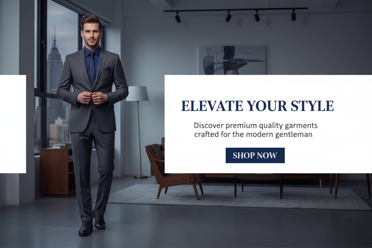 Generate me a nice banner for a men's garment that has a nice title description shop button.