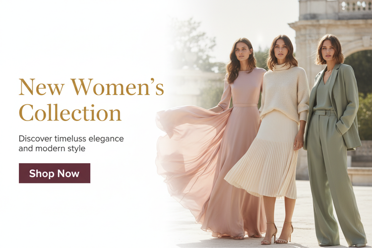 Generate me a nice banner for a women's garment that has a nice title description shop button. generate full size banners 