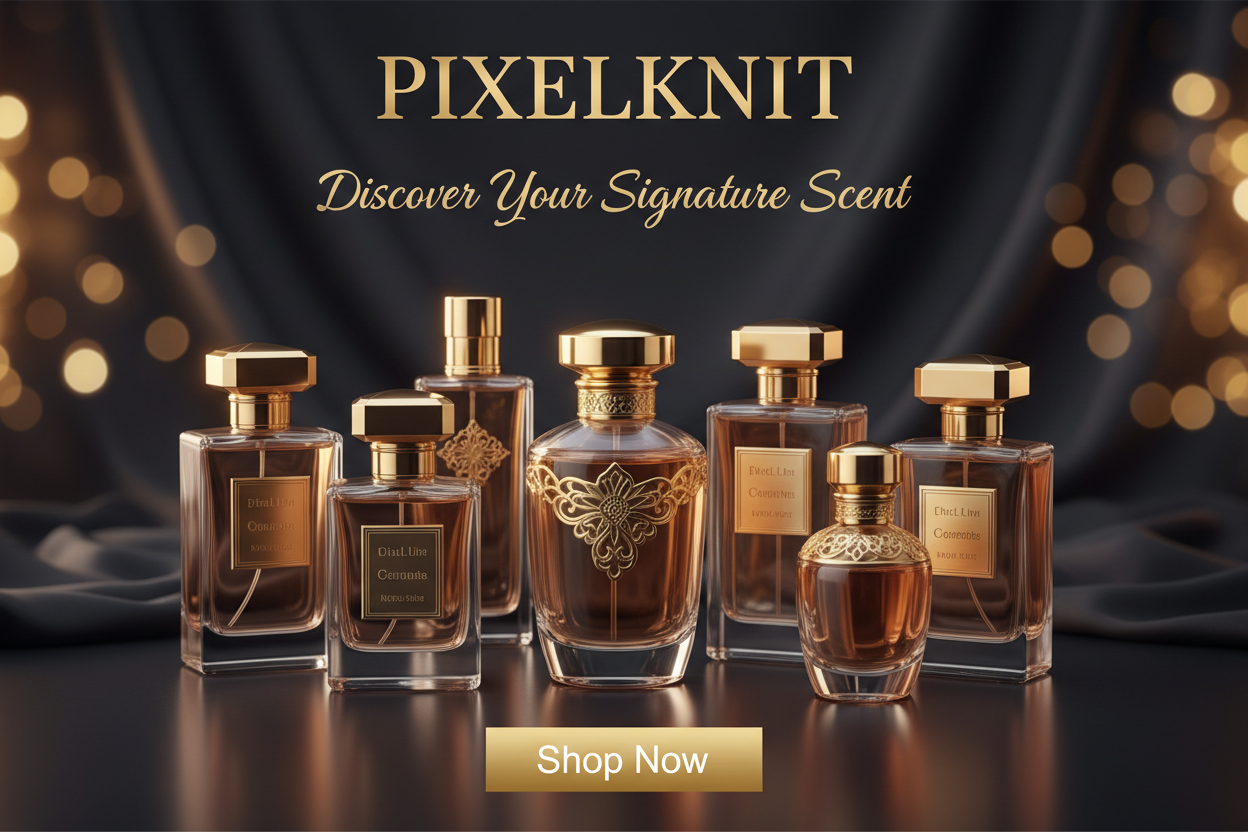 generate Parfum professionals banners my store name is PIXELKNIT write titles subtitle and Shop Now Buttons 