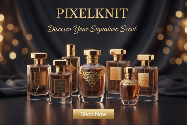 generate Parfum professionals banners my store name is PIXELKNIT write titles subtitle and Shop Now Buttons 