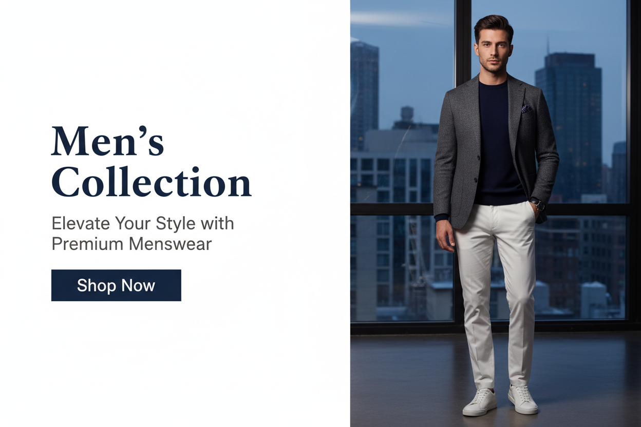 Please generate a nice banner for men's garments that I can use on my store. A professional banner that includes a title description and a shop now button.generate full banners 