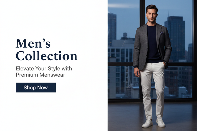 Please generate a nice banner for men's garments that I can use on my store. A professional banner that includes a title description and a shop now button.generate full banners 