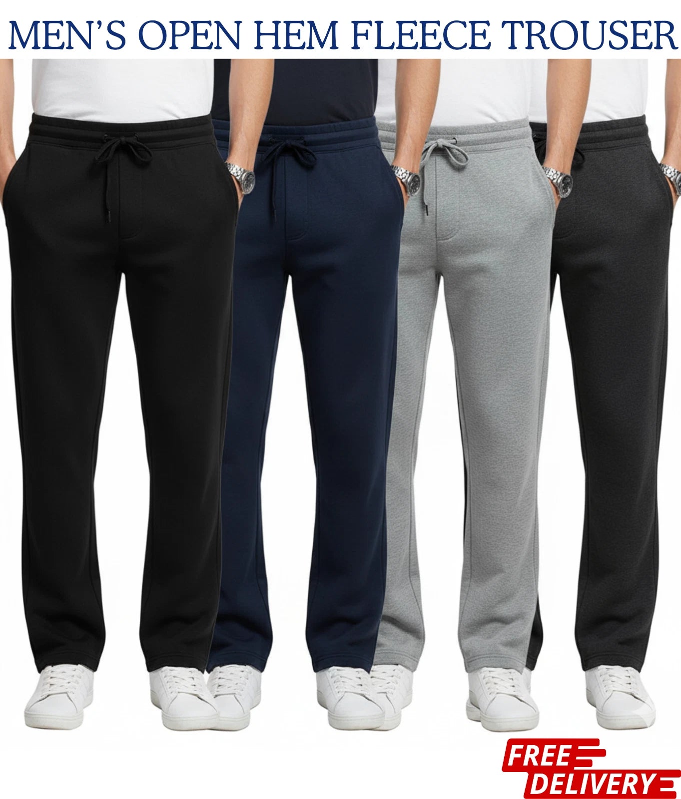 Men’s Fleece Joggers with Drawstring – Open Hem | 2 Side Zip Pockets + Back Flap Pocket | Soft Warm Winter Trousers